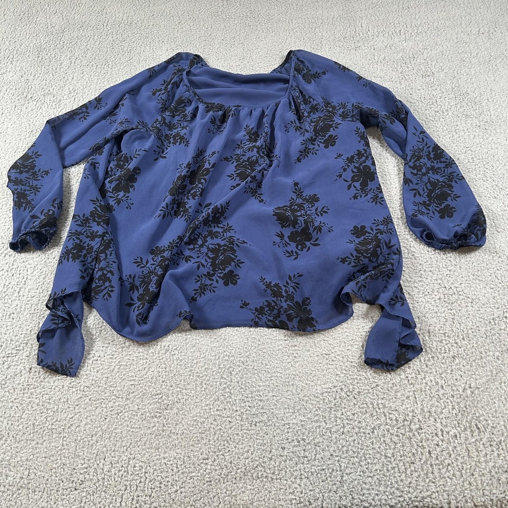 Torrid Shirt Womens 2 Blue Black Floral‎ Sheer Long Sleeve Split Back Blouse